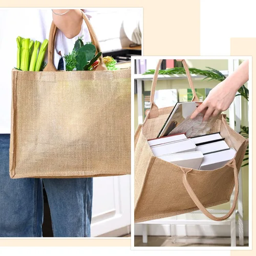 Vista 2 de Shappy Juego de 10 Bolsas de Arpillera Tipo Tote, Bolsa de Compras de Yute Arpillera Reutilizable en Blanco con Asa para Regalo de Dama de Honor