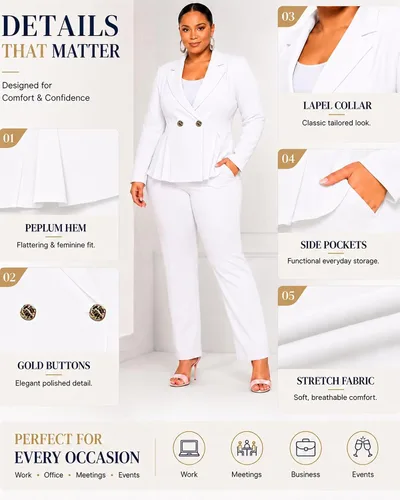 Vista 6 de CXXQ Pantalones tipo blazer peplum de 2 piezas para mujer, talla grande Blanco
