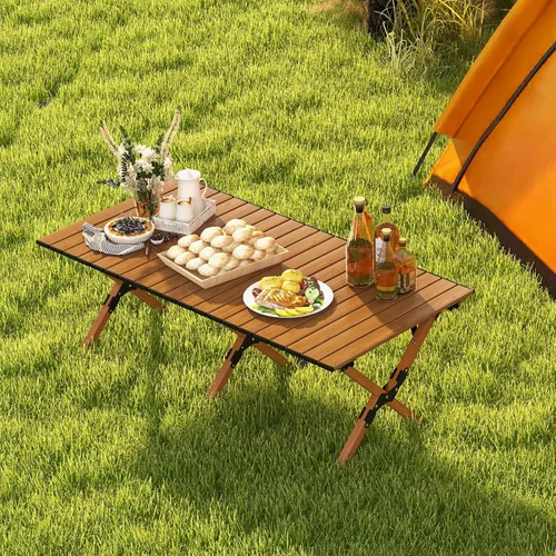 Vista 9 de COSTWAY Mesa de picnic plegable, mesa de campamento de aluminio enrollable con veta de madera, mesa de playa portátil de baja altura con bolsa