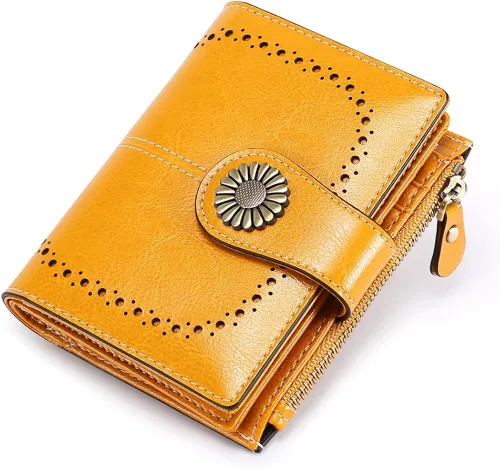 Vista 7 de SENDEFN - Billetera pequeña de piel auténtica para mujer diseño plegable con ventana para tarjeta de identificación