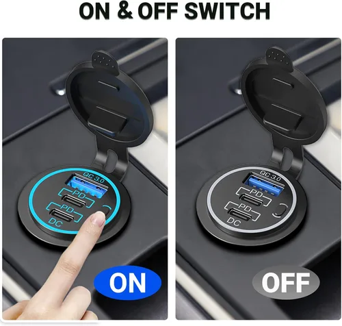 Vista 5 de USB C Car Charger Socket 12V USB Outlet 2 Pack,78W RV USB Outlet Dual 30W PD USB-C and 18W QC3.0 Car USB Port with Button Switch Waterproof for Car