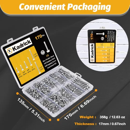Vista 7 de Kadrick Kit surtido de 170 tornillos autoperforantes, 410 tornillos TEK de chapa autoperforantes de acero inoxidable, #8x1/2-1-1/2, cabezal
