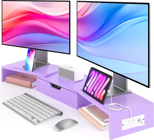 Elephance Soporte de monitor doble con puertos USB, soporte de madera para monitor de computadora con cajón, soporte elevador de monitor ajustable,