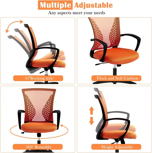 Vista 7 de Silla de escritorio con respaldo medio, silla ergonómica de malla para computadora con reposabrazos y ruedas, soporte lumbar ajustable, sillas