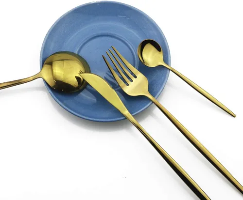 Vista 5 de Juego de cubiertos pulidos con espejo, 24 piezas de acero inoxidable 304 dorado, incluye tenedor, cucharas, cuchillo, vajilla reutilizable, juego