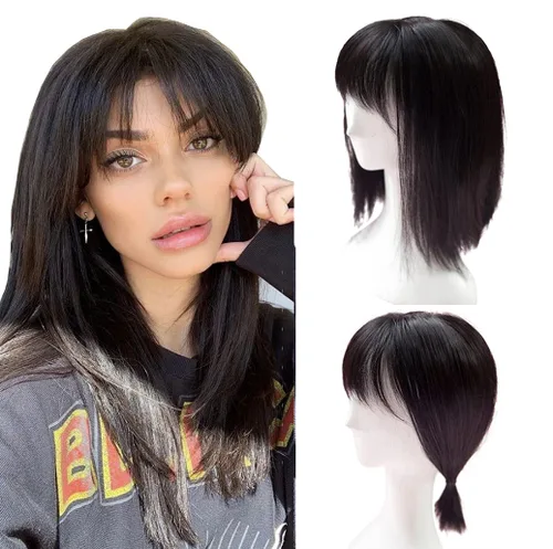 LXUE Toppers de pelo de 14 pulgadas con flequillo, marrón claro, grueso, fibra sintética, clip, moderno, grande, para cabello fino