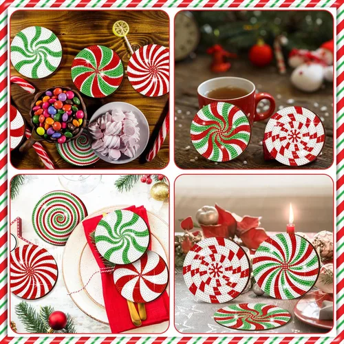 Vista 5 de Perthlin 8 Pcs Christmas Diamond Art Coasters Christmas Tree Candy Gnome Painting Coasters with Holder Painting Kit Green White Diamond Kits(Candy)