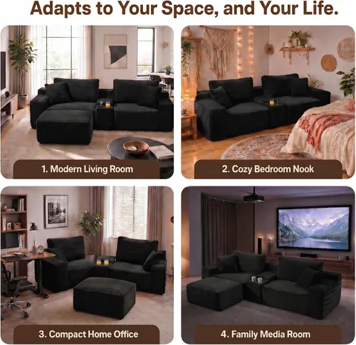 Vista 5 de Sofá modular sin hueso de 111 pulgadas en forma de L con portavasos y puertos de carga USB, sofá modular de 3 asientos con otomana de Negro azabache