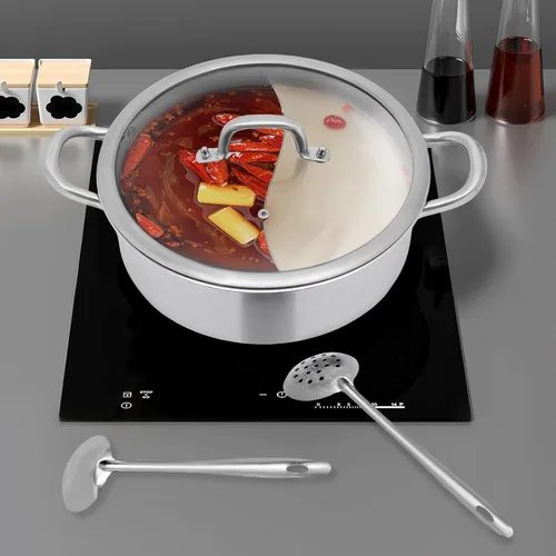 Vista 7 de Olla caliente Shabu Shabu de doble sabor con divisor y cucharón de sopa, olla Shabu Shabu Shabu de acero inoxidable 304, olla caliente de doble cara