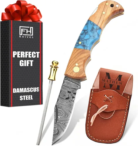 Navaja de bolsillo de damasco personalizada con funda - Navaja de bolsillo grabada con láser, regalo para hombres, navaja personalizada para