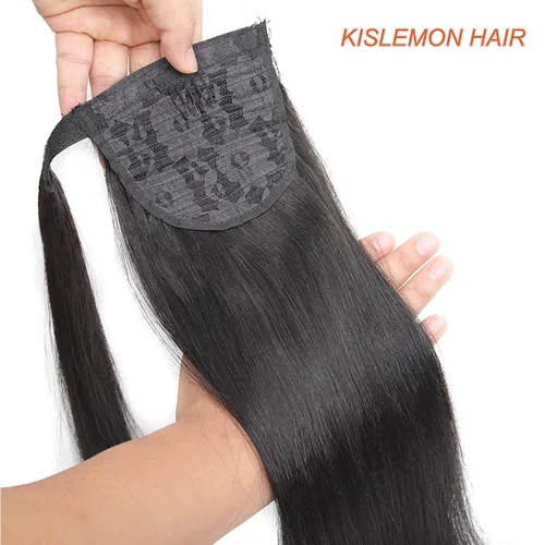Vista 7 de Extensiones de cola de caballo de cabello humano lacio, color negro natural, pasta mágica envolvente, extensiones de cabello Remy 100% real