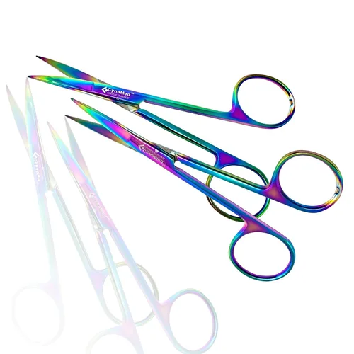 Vista 4 de Cynamed Juego de 2 tijeras de microdisección Iris con revestimiento de titanio multicolor/arco iris, instrumento de calidad premium, perfecto