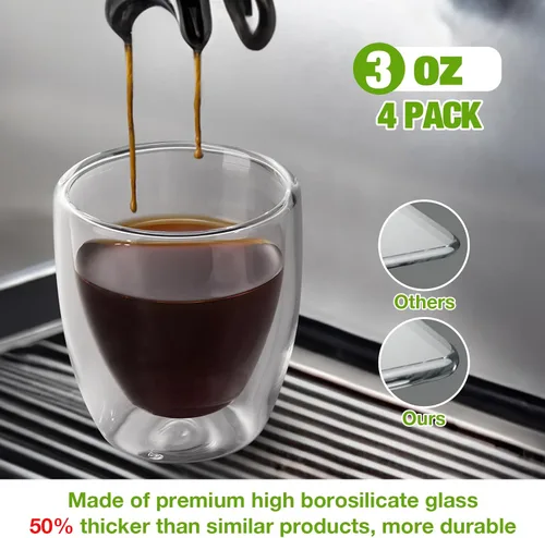 Vista 6 de Gencywe Juego de 4 tazas de café expreso de doble pared (50% más gruesas), tazas de café expresso transparentes de 3 onzas, vasos de chupito