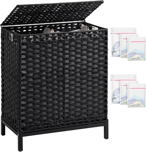 SETVSON Cesta de lavandería con tapa, cesta de mimbre de ratán tejida a mano de 112 L, 2 bolsas extraíbles con forro de metal, 6 bolsas de malla,