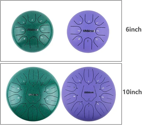 Vista 8 de Tambor de lengua de acero, tambor de tanque de mano, 11 notas, instrumento de percusión de meditación de 10 pulgadas con mazos, púas de dedos