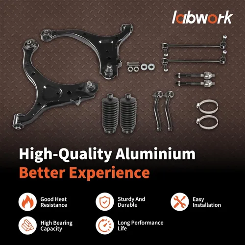 Vista 3 de labwork Kit de suspensión delantera de 10 piezas Brazos de control delanteros inferiores Conjunto de rótula Extremo de bieleta lado del conductor