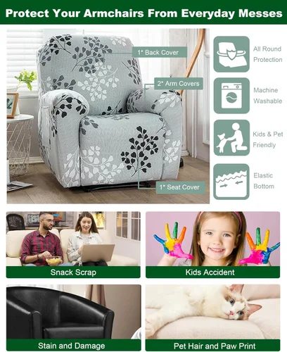 Vista 6 de CRFATOP Funda elástica para sillón reclinable, 4 piezas, fundas impresas para silla reclinable de 1 asiento, colección Fallon, protector de muebles