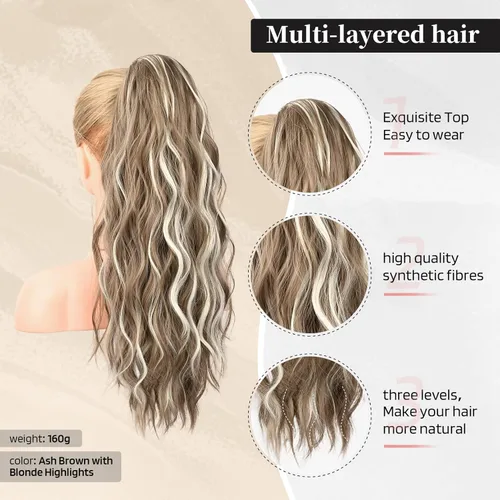 Vista 2 de FLUFYMOOZ Extensión de cola de caballo de 22 pulgadas, extensiones de cabello sintético ondulado largo y rizado para mujer