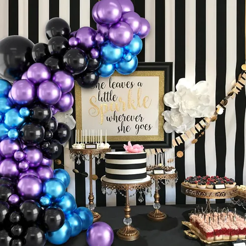 Vista 4 de Kit de arco de globos morados y azules, 105 globos de cumpleaños de 5, 10, 18 pulgadas, kit de guirnalda de globos de color azul metálico, morado