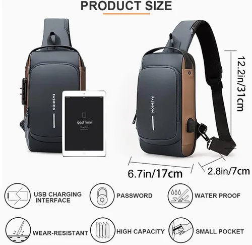 Vista 6 de Anti theft Crossbody Sling Bag,Waterproof Chest Daypack with USB Charging, Shoulder Backpack for Men