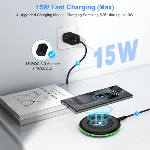 Vista 2 de Cargador inalámbrico de carga rápida para Samsung Galaxy S25 Ultra/S25 Plus/S25/S24FE/S23+/S22/S21/S20/S10, cargador de teléfono inalámbrico