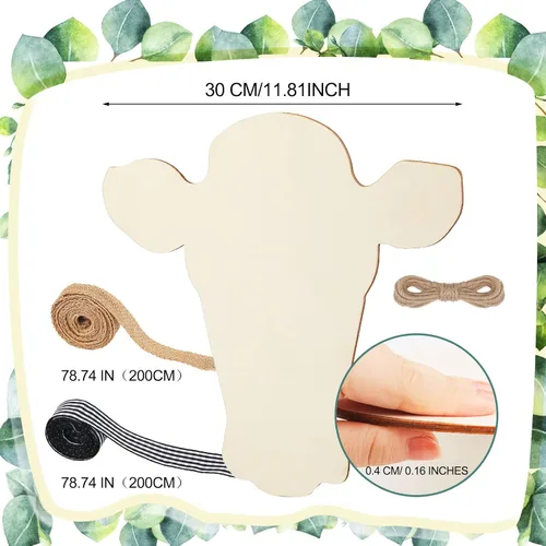 Vista 2 de Weysat Colgador de puerta de madera con corte de cabeza de vaca, piezas de cabeza de vaca de madera sin terminar, rebanada en blanco con cinta