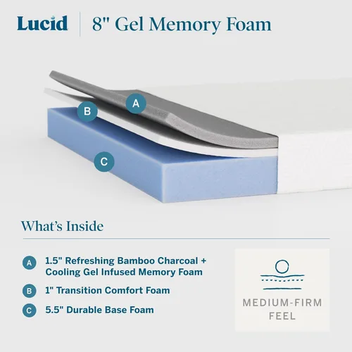 Vista 3 de Lucid - Colchón de espuma viscoelástica de 8 pulgadas - Sensación de firmeza media - Infundido con refrescante carbón de bambú y gel refrescante