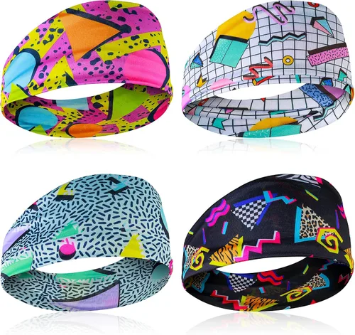Lusofie 4PCS 80s 90s Vintage Headbands,Retro Soft Sport Sweatbands，Boho Neon Headband,Universal Workout Weatband for Men and Women,for Hiking