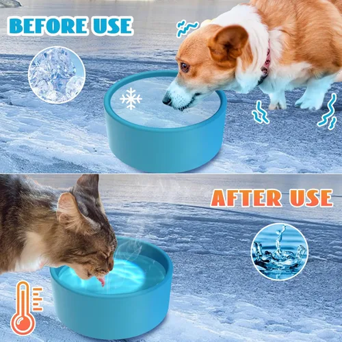 Vista 5 de Tazón calefactable para mascotas, cuenco de agua para perros con alambre antimordidas para perros, gatos, conejos, pollos (azul)