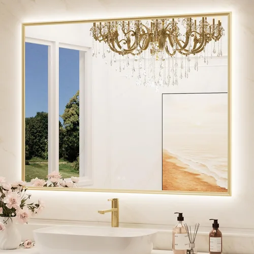 Vista 19 de TokeShimi Espejo de tocador de baño LED de 60 x 36 pulgadas con luces delanteras y marco rectangular de aluminio dorado retroiluminado, borde