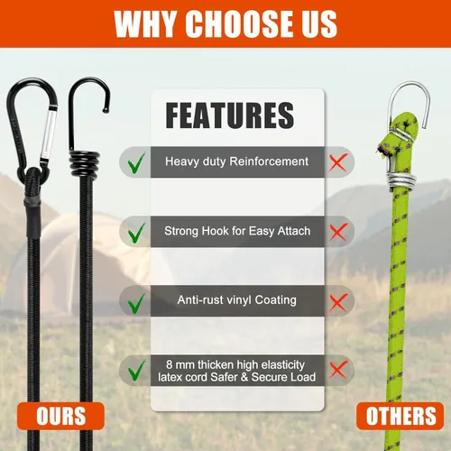 Vista 7 de 35 cuerdas elásticas negras de varios tamaños, cuerda elástica resistente al aire libre, 8, 12, 18, 24, 32, 40 pulgadas, 40 pulgadas con gancho