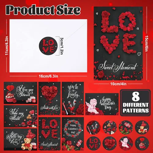 Vista 2 de Whaline Tarjetas en blanco para el día de San Valentín en blanco y rojo con sobres, surtido de 8 diseños de tarjetas de felicitación vintage de oso