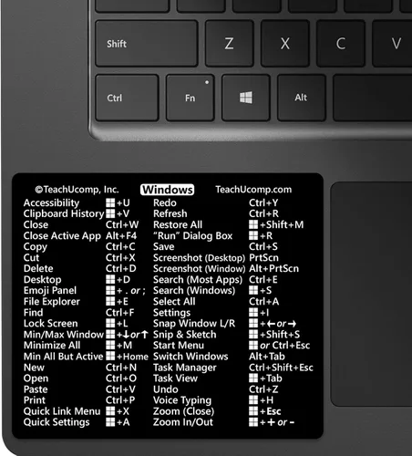 TEACHUCOMP Adhesivo de atajos de teclado para Windows 11 y 10 Training Aid Cheat Sheet- Vinilo negro, laminado, adhesivo sin residuos (GRANDE: 3.5