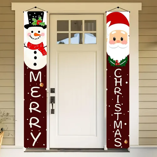 BlissYard Pancartas de Porche Feliz Navidad de 12x71 Pulgadas Decoraciones de Puerta de Papá Noel y Muñeco de Nieve Fondo Rojo Pancarta Colgante