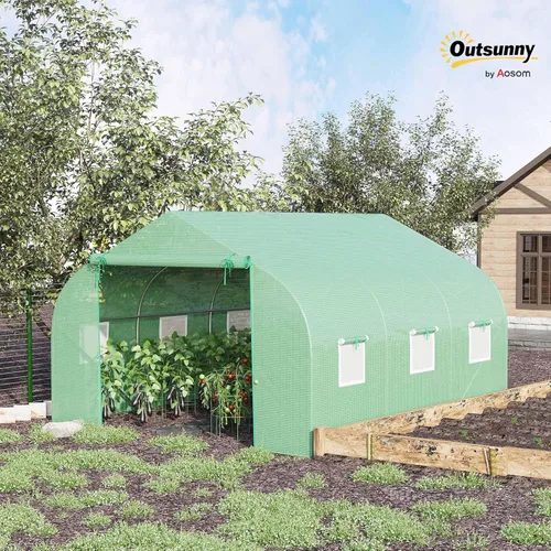 Vista 2 de Outsunny - Invernadero al aire libre de 11.5' x 10' x 6.5', diseño de túnel, con ventanas enrollables, puerta con cremallera, cubierta de PE, Verde