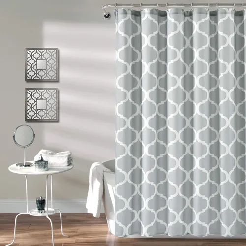 Lush Decor Geo - Cortina de ducha individual de 72 pulgadas de ancho x 72 pulgadas de largo, color gris claro, cortinas de ducha enrejadas para