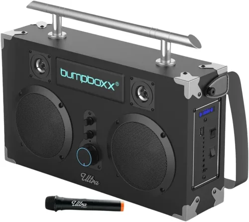 Bumpboxx Bluetooth Boombox Ultra Plus | Boombox retro con altavoz Bluetooth | Incluye batería de litio recargable, correa de transporte y micrófono