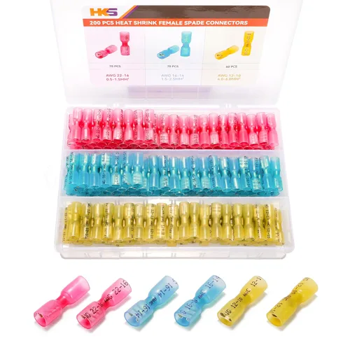 Vista 21 de HKS 100 conectores de pala hembra azul 16-14 AWG – Kit de conectores de cable de desconexión rápida eléctricos termorretráctiles – cobre rojo