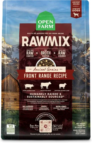 Vista 15 de Open Farm, alimento seco RawMix para perros con granos ancestrales, croquetas llenas de proteínas cubiertas en caldo de huesos con trozos crudos