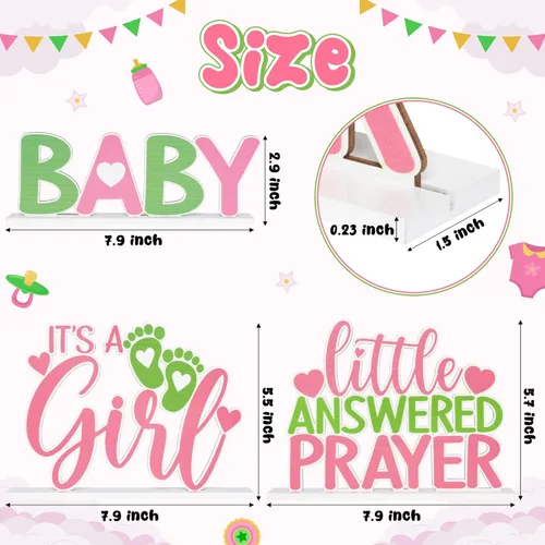 Vista 2 de Centros de mesa de madera rosa para baby shower, 3 piezas, con texto en inglés "It's A Girl", letrero de oración contestada, decoración de madera