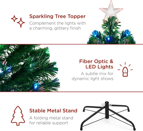 Vista 5 de Best Choice Products Árbol de Navidad artificial de 6 pies de fibra óptica preiluminado, pino, pieza central de decoración navideña con 230 luces