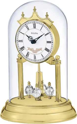Vista 2 de Bulova B8821 Heather Anniversary Clock Diseño de cúpula de cristal de 9 pulgadas Péndulo de cristal giratorio Timbre Westminster Placa