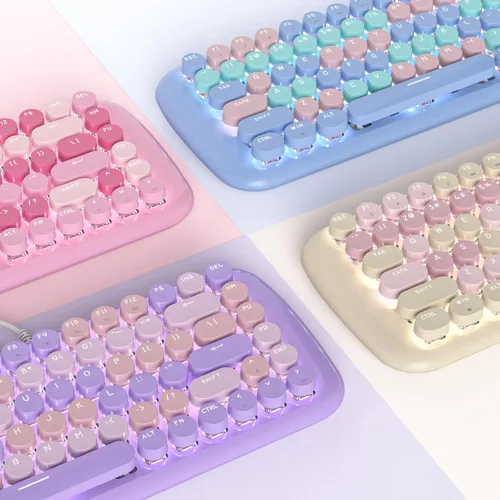 Vista 6 de Teclado mecánico colorido azul para juegos, teclado estético con retroiluminación blanca, 84 teclas, lindo teclado retro para computadora con cable