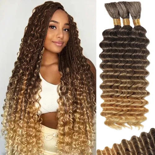 Vista 33 de Cabello Humano para Trenzar para Trenzas Boho 3 Paquetes/Pack 110g (3.88 oz) 14 Pulgadas Cabello Humano a Granel Ondulado Profundo para Trenzar
