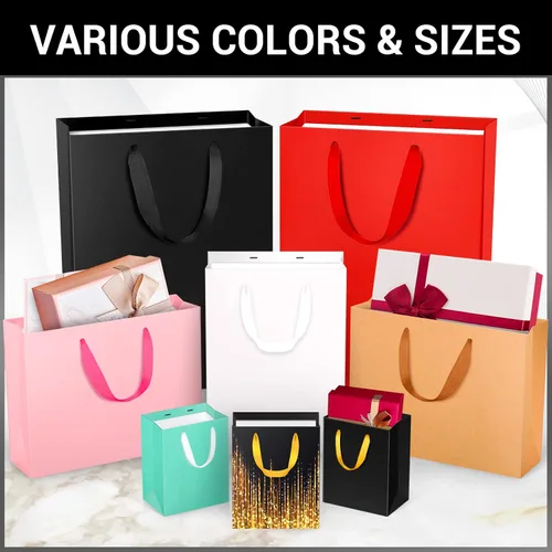 Vista 7 de EUSOAR Bolsas pequeñas negras para envolver regalo, paquete de 50 bolsas de papel de 10.6 x 3.1 x 8.3 pulgadas con asas a granel, bolsas resistentes