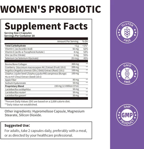 Vista 2 de Probióticos vaginales* para mujeres, equilibrio de pH con lactobacilos, prebióticos, colágeno y arándano probiótico para mujer, para digestión*