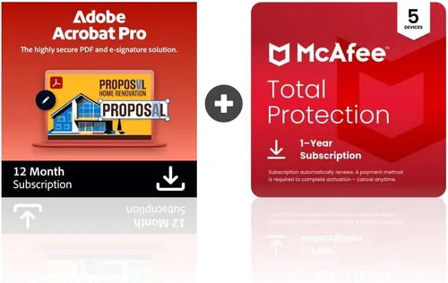 Adobe Acrobat Pro + McAfee Total Protection 5-Device Software Bundle | Create, Edit, E-Sign PDFs | Antivirus Software, Scam Protection, Identity