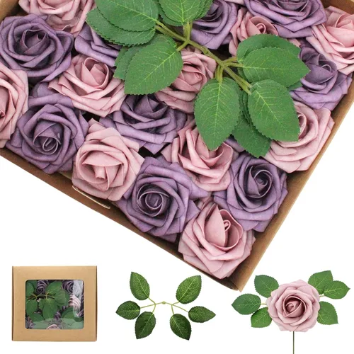 Vista 41 de 25 rosas realistas negras, flores artificiales de espuma de látex con tallos flexibles y 8 hojas para decoración de bodas, hogar y fiestas Negro