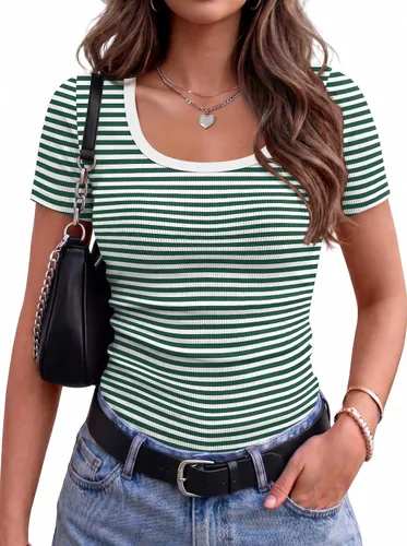 Vista 10 de Zeagoo Camiseta básica de manga corta para mujer, de punto acanalado 1-negro