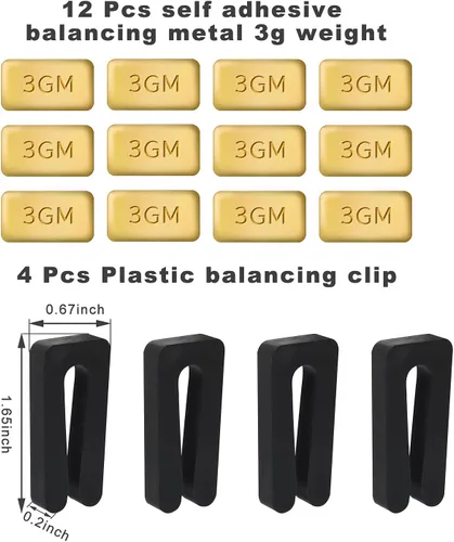 Vista 2 de AIEX Juego de 4 juegos de equilibrio de aspas para ventilador de techo, incluye 12 bloques dorados autoadhesivos de metal 3G y 4 clips de equilibrio
